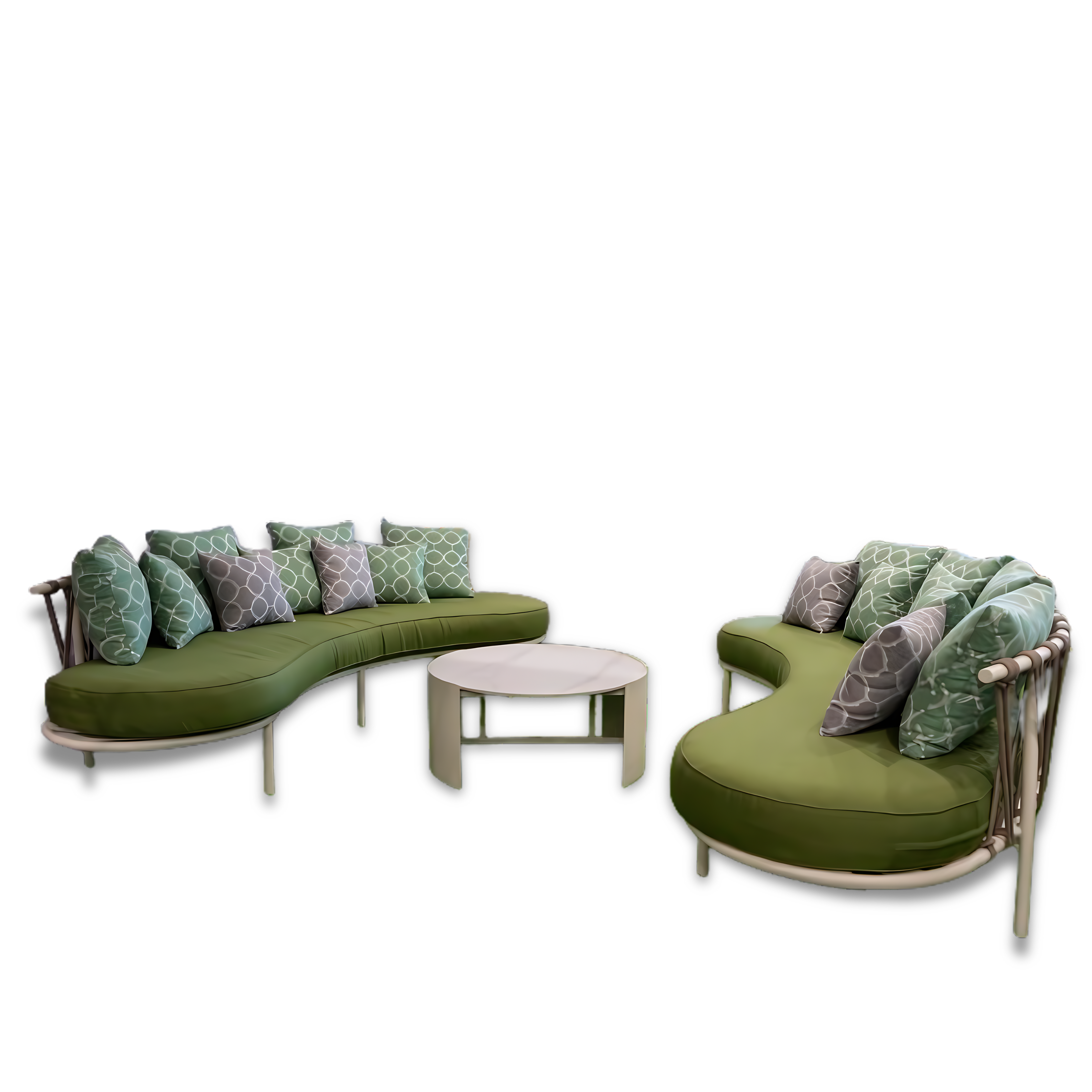 Wide Aluminum Outdoor Curved 2 Sofas Set with Marble Coffee Table in Green & White