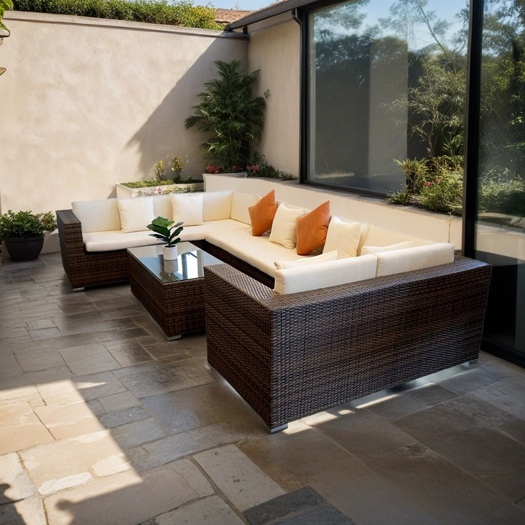 White and brown rattan sectional sofa set with table