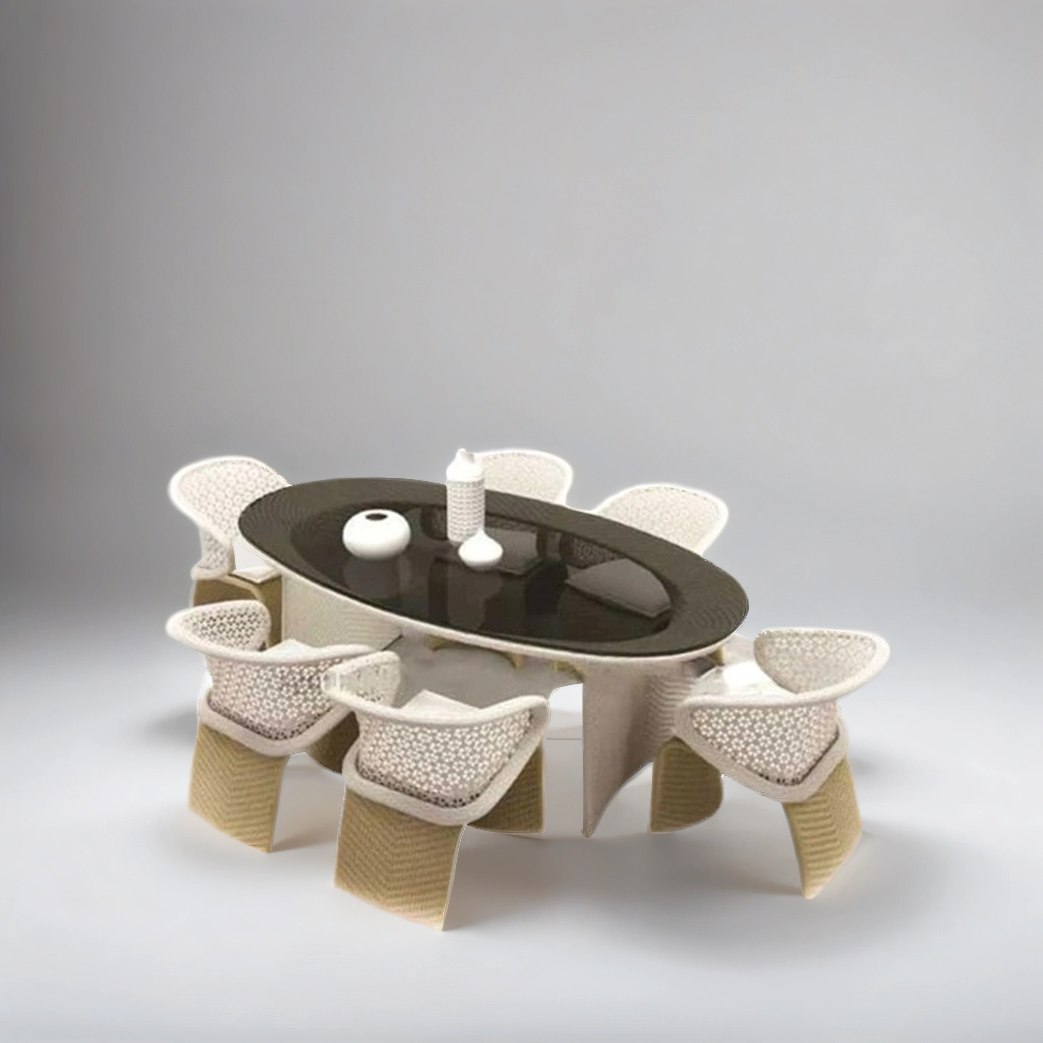 Patio Dining Set, Garden Oval Dining Table, 6 Rattan Chair with Black Glass Top