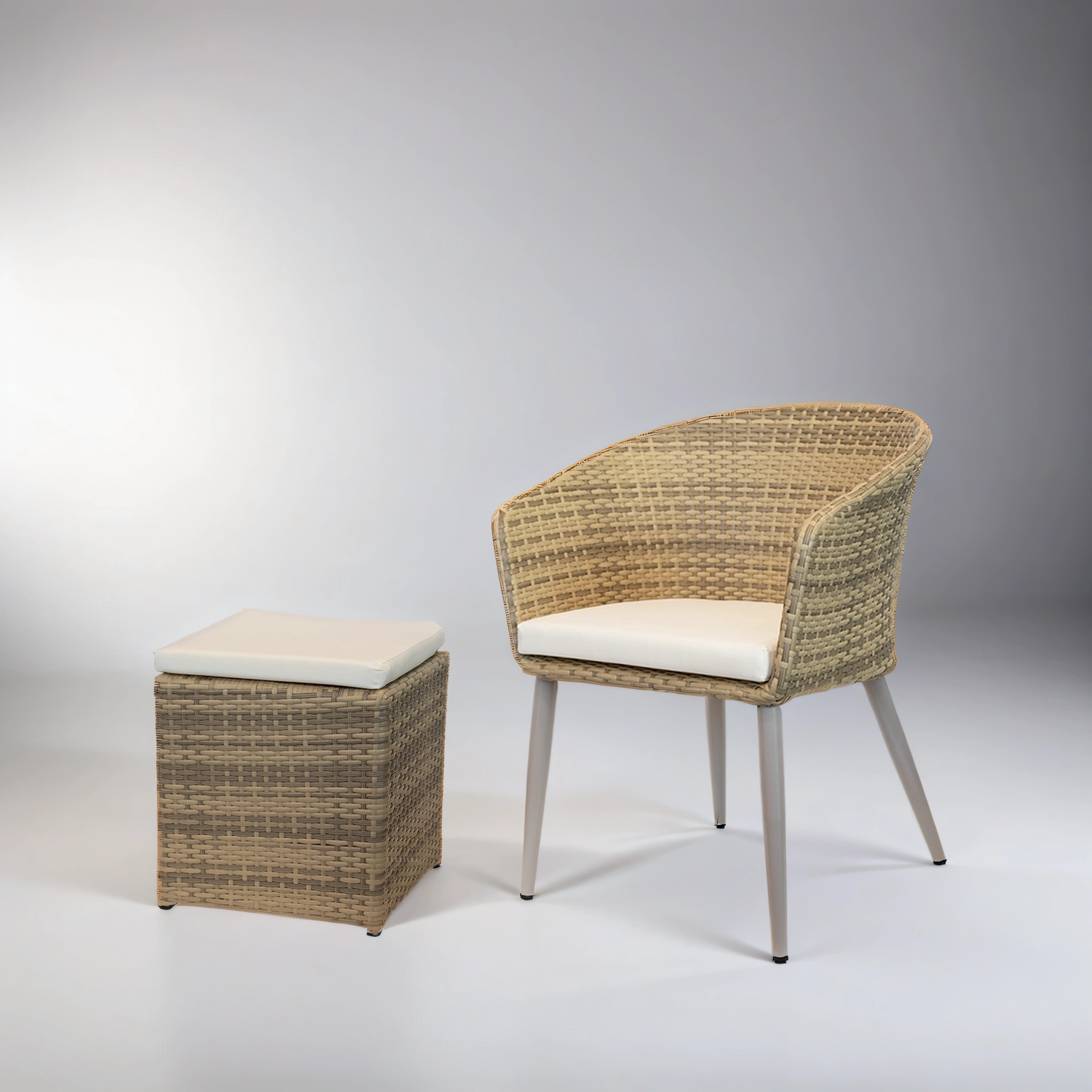 White lounge set with table and ottomans