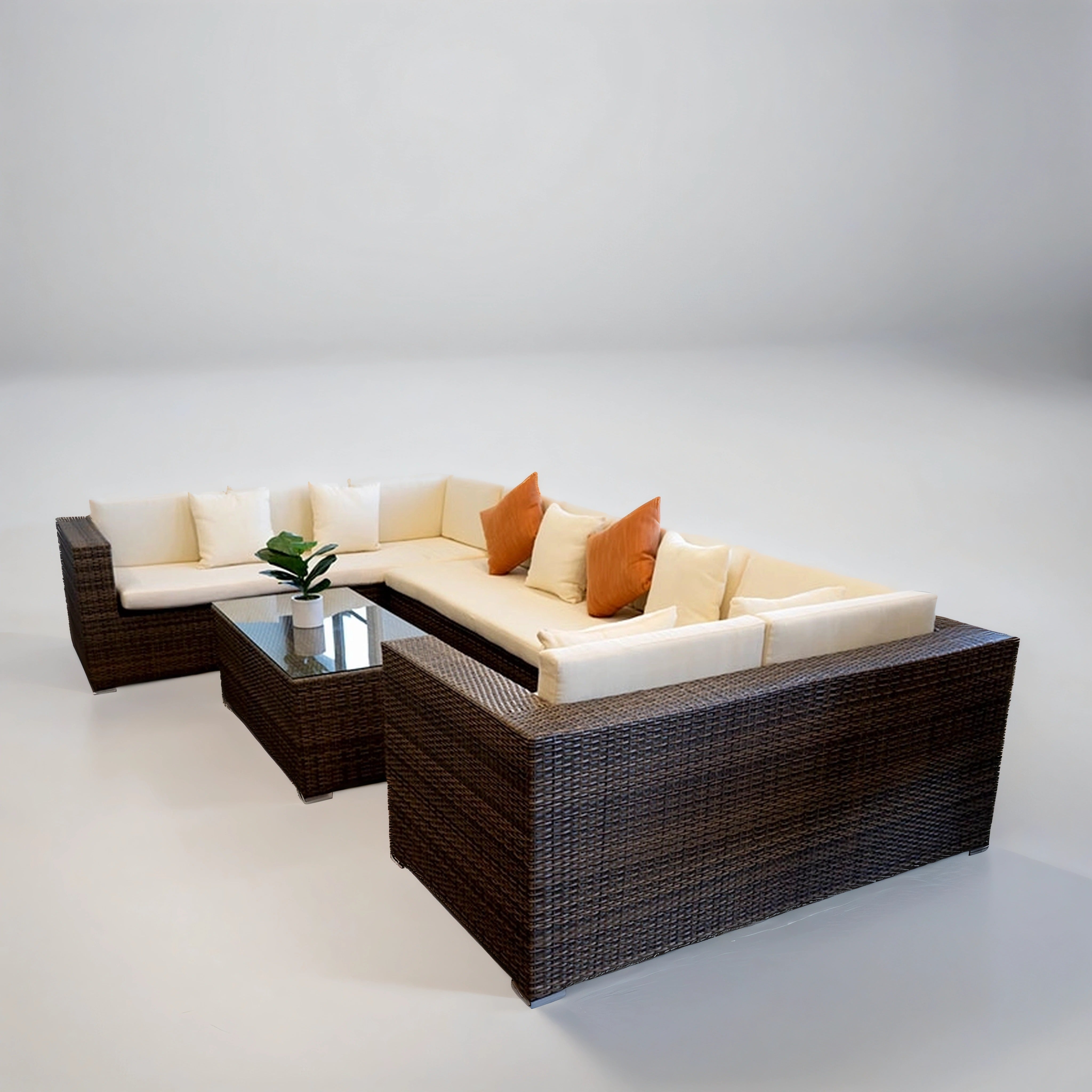 White and brown rattan sectional sofa set with table