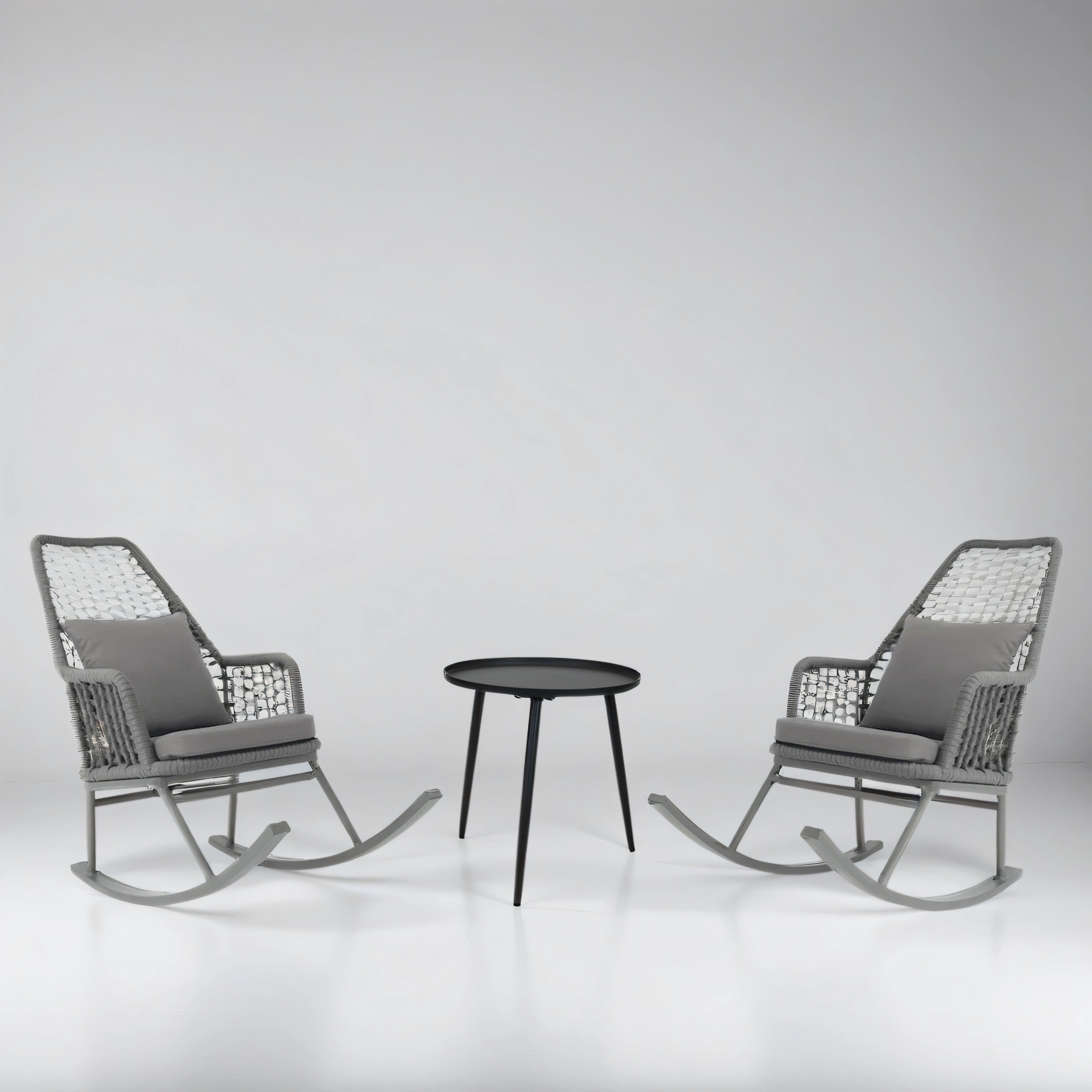 Set of Two Gray Rocking chairs with table