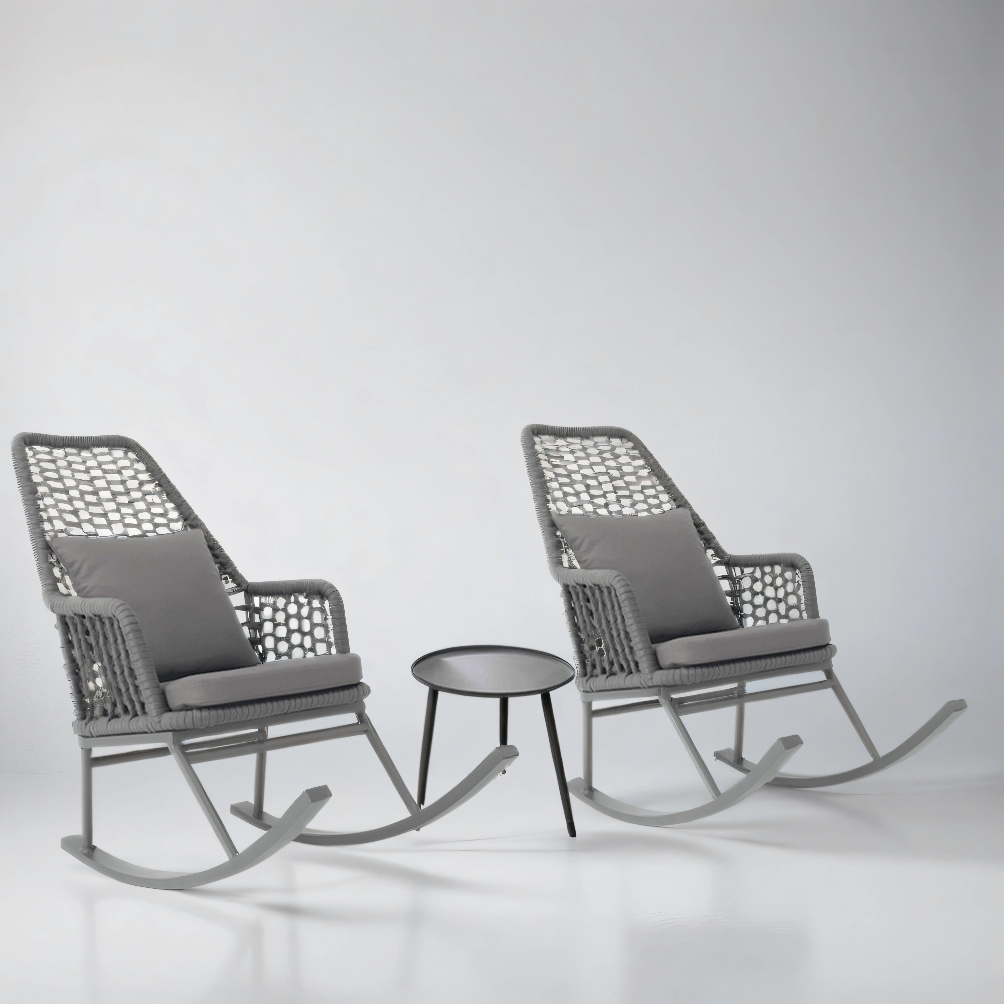 Set of Two Gray Rocking chairs with table