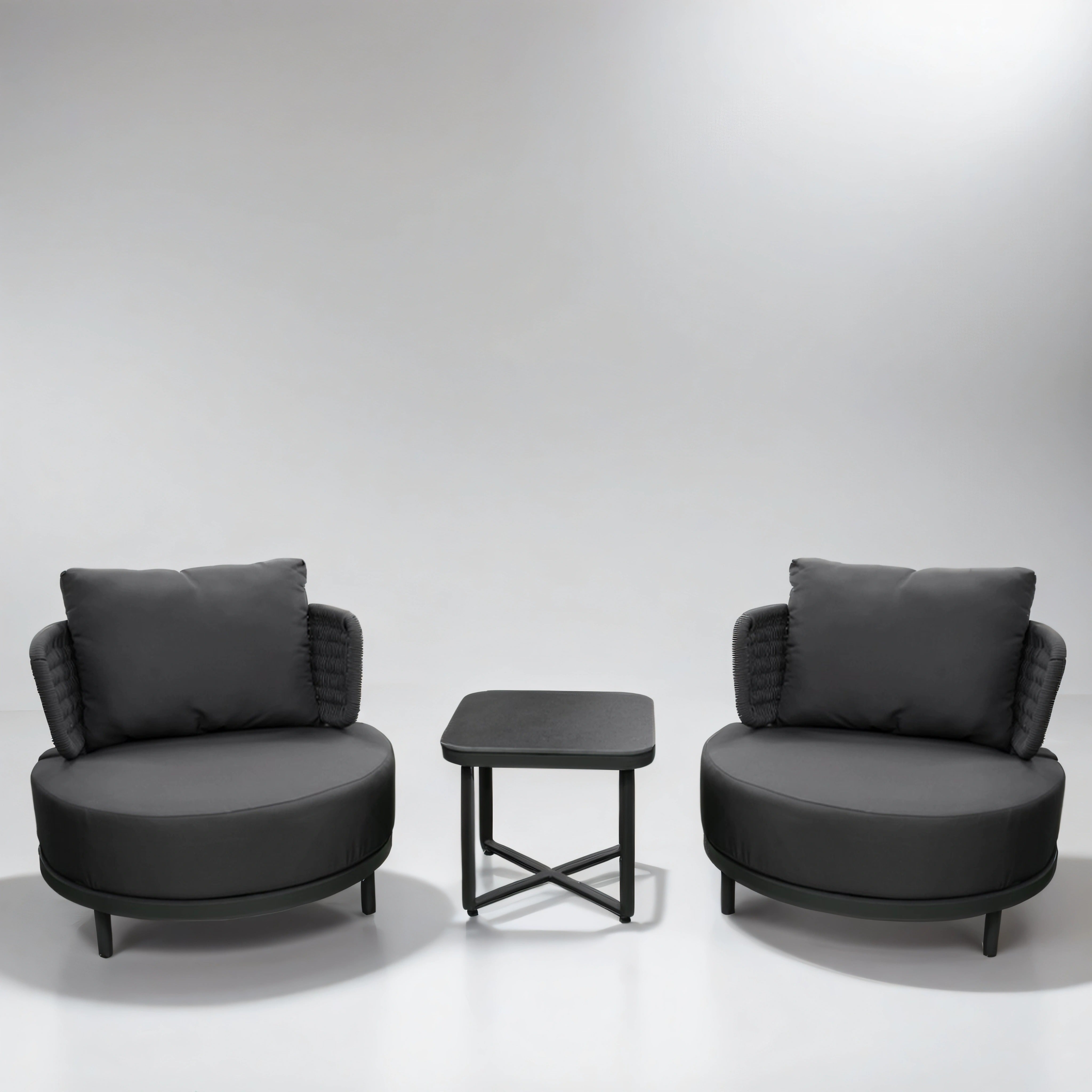 Set of Two Charcoal Black Round Armchair with Table