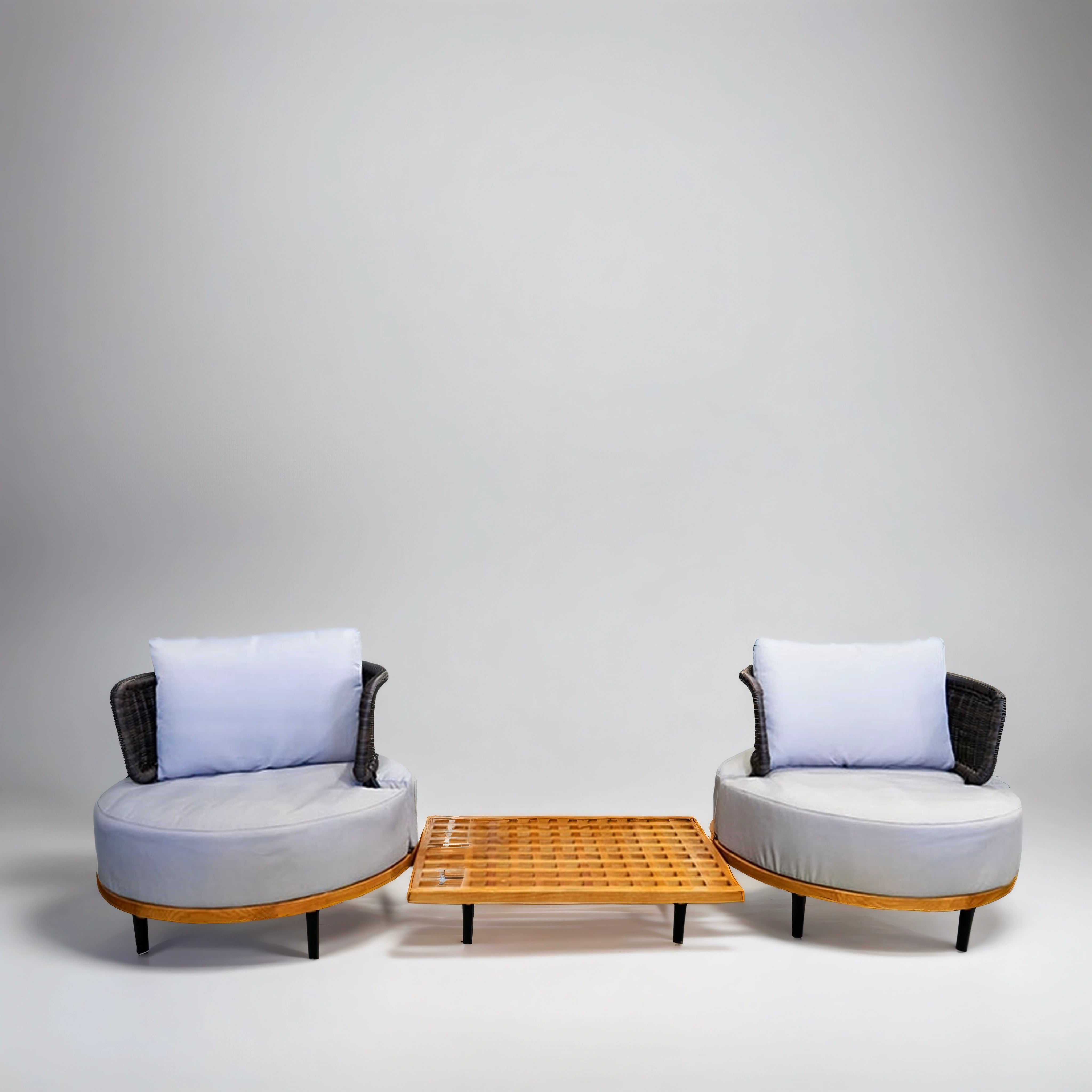 Lounge set with Two Wood armchairs and modern table