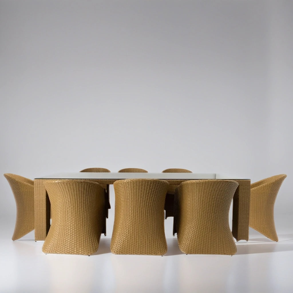 Outdoor Dining Set with Rectangle Glass Table and Rattan Chairs for eight