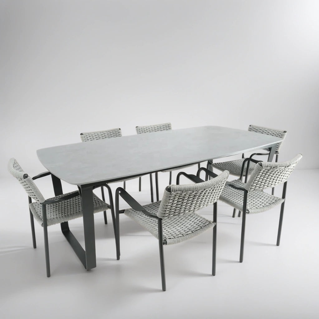 Aluminium Outdoor Gray Dining Set with Marble Top Table and Woven Armchair