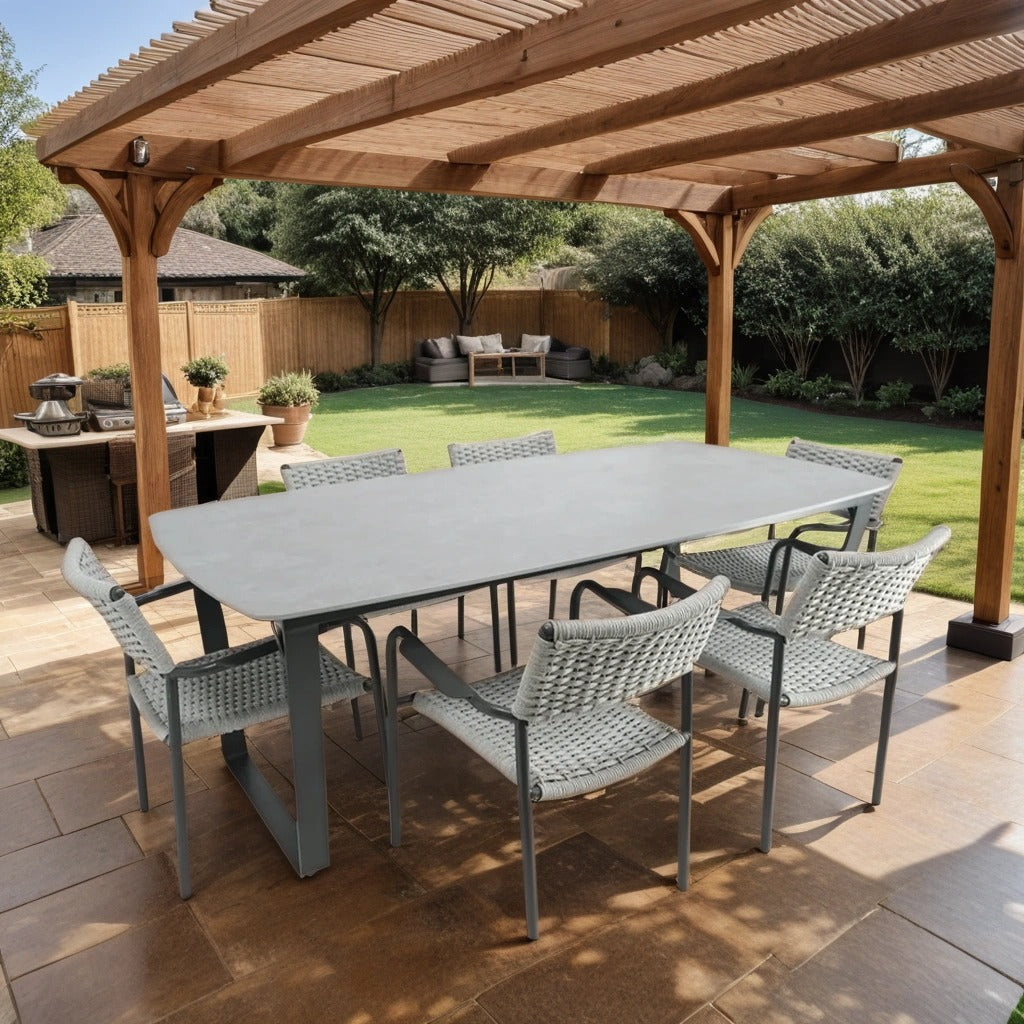 Aluminium Outdoor Gray Dining Set with Marble Top Table and Woven Armchair
