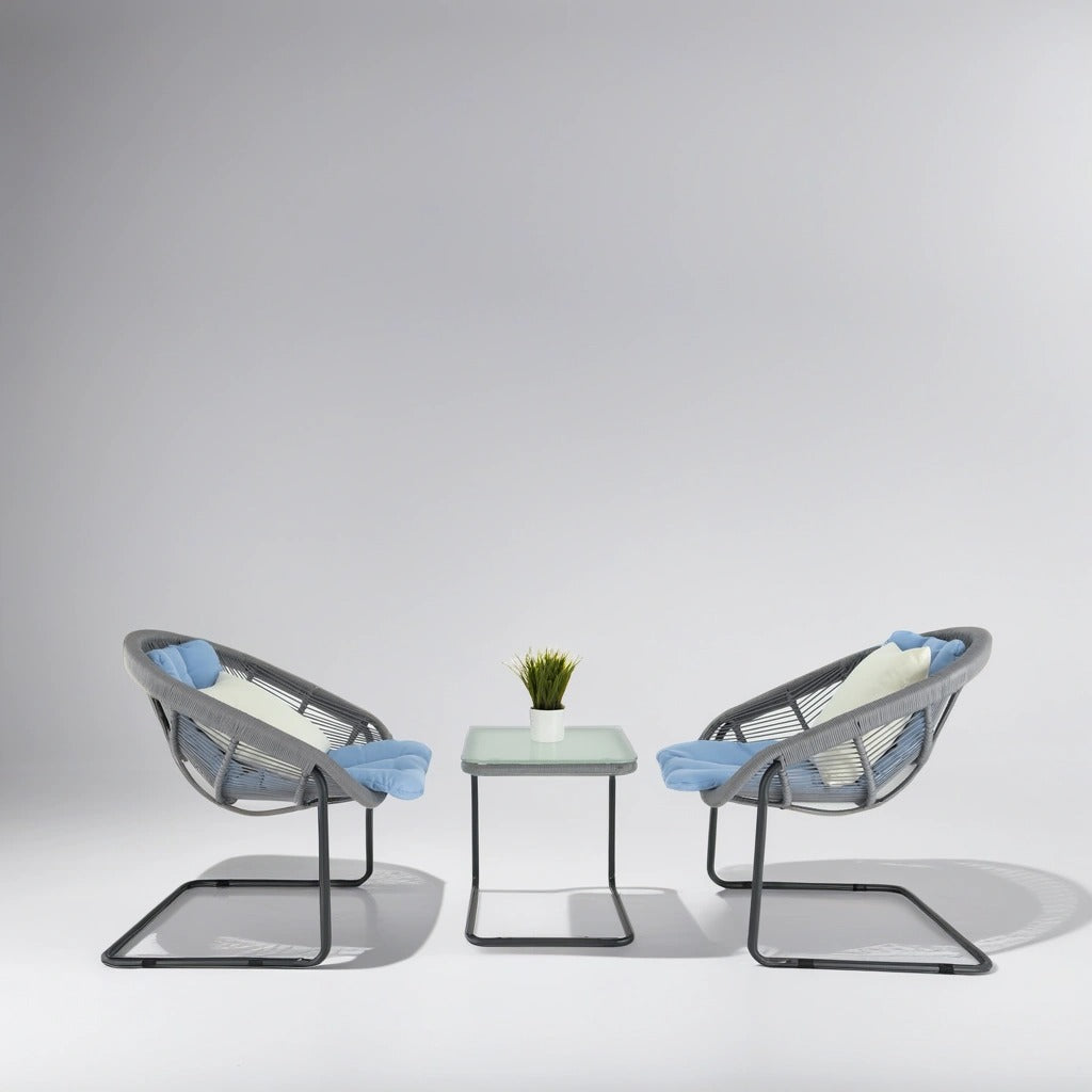 Blue Chairs & Glass-Top Table Set
