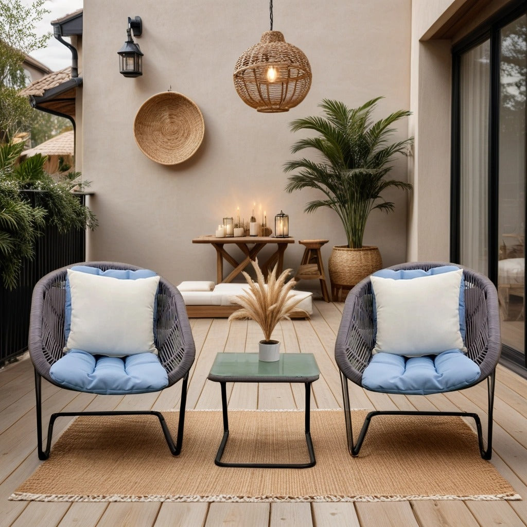 Blue Chairs & Glass-Top Table Set