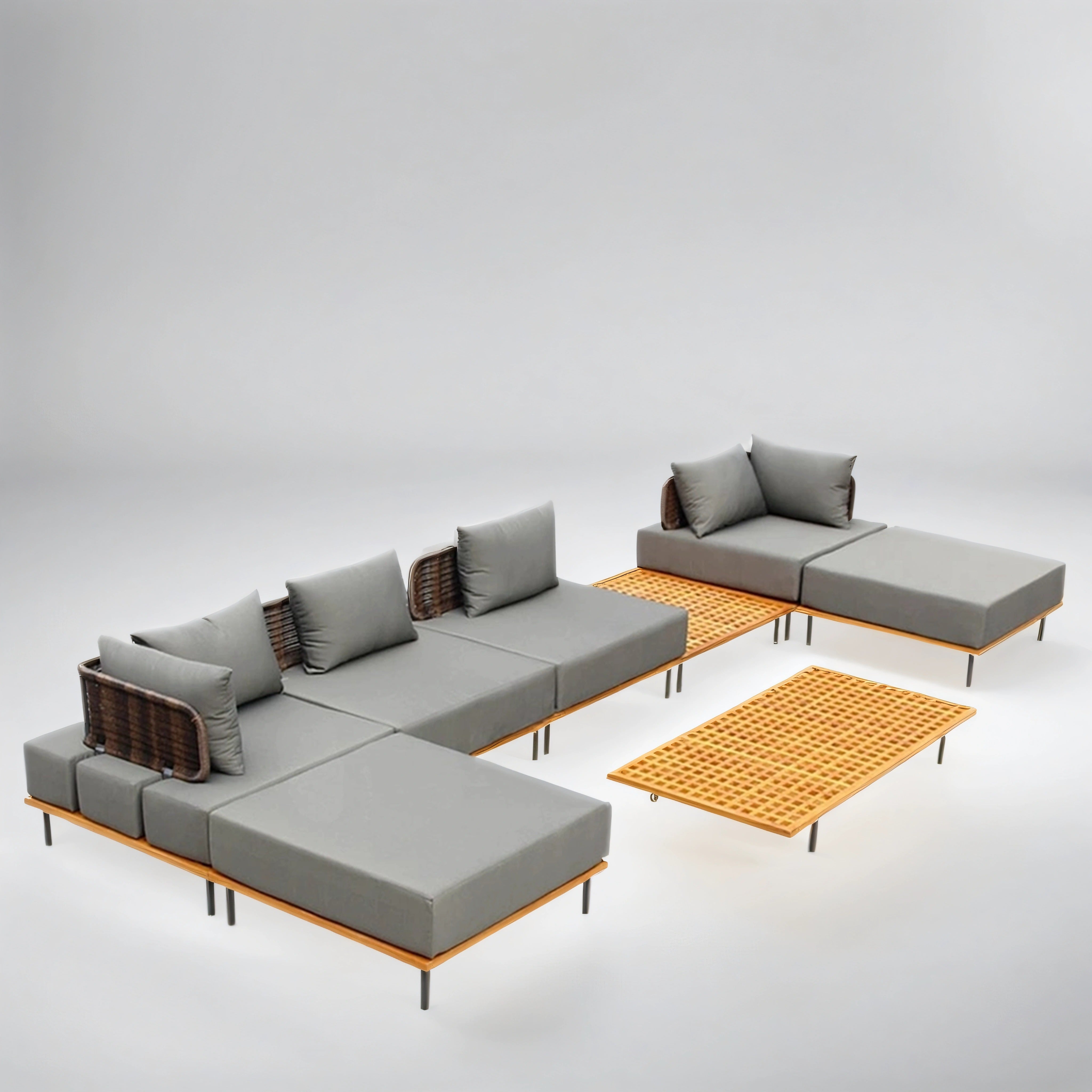 Teak & Aluminum & Rattan Outdoor Sectional Sofa Set with Coffee Table