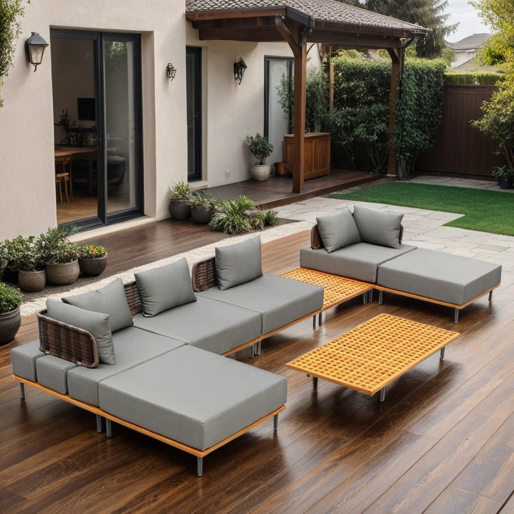 Teak & Aluminum & Rattan Outdoor Sectional Sofa Set with Coffee Table