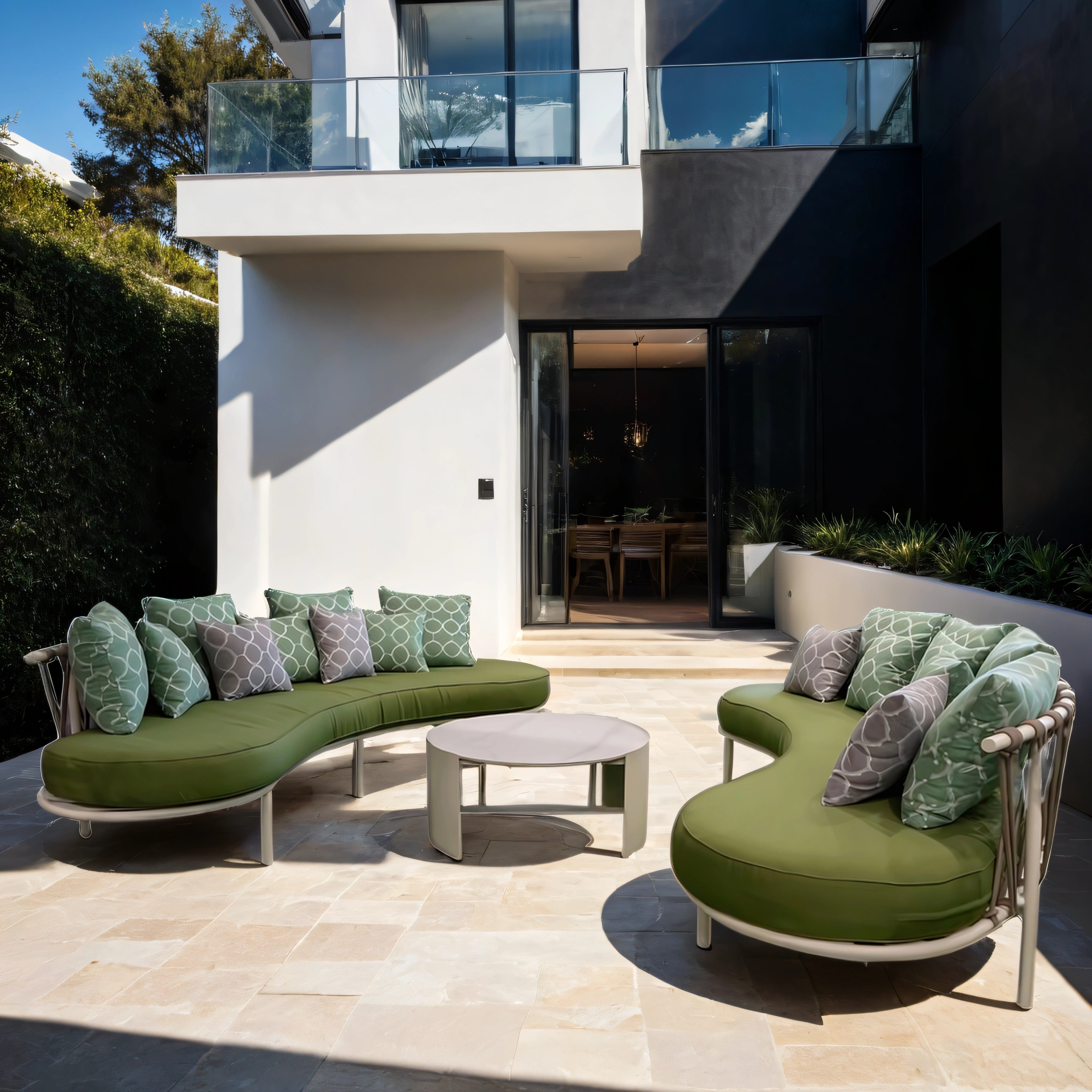 Wide Aluminum Outdoor Curved 2 Sofas Set with Marble Coffee Table in Green & White