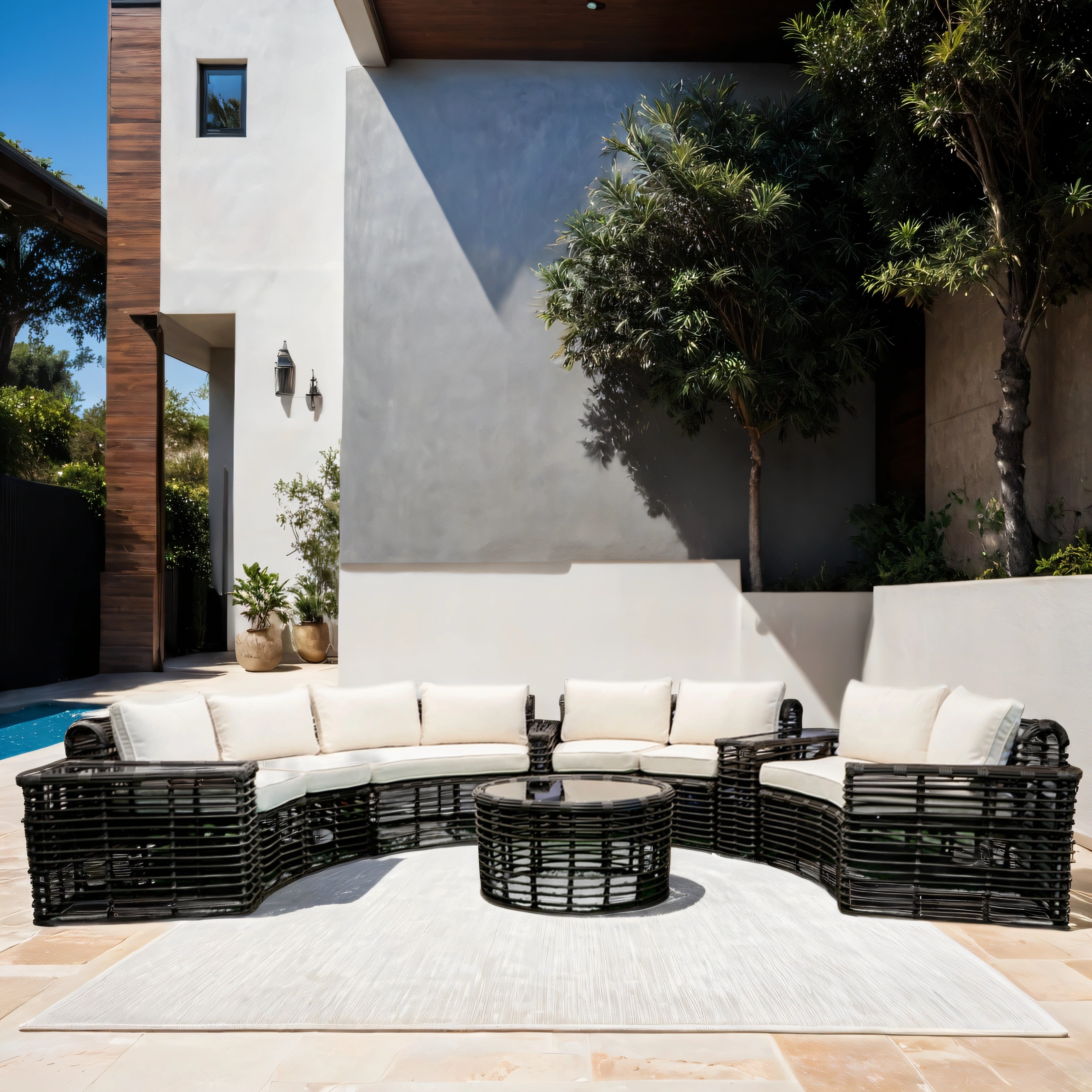 Modern Outdoor Curved Lounge Set with Glass Armrests