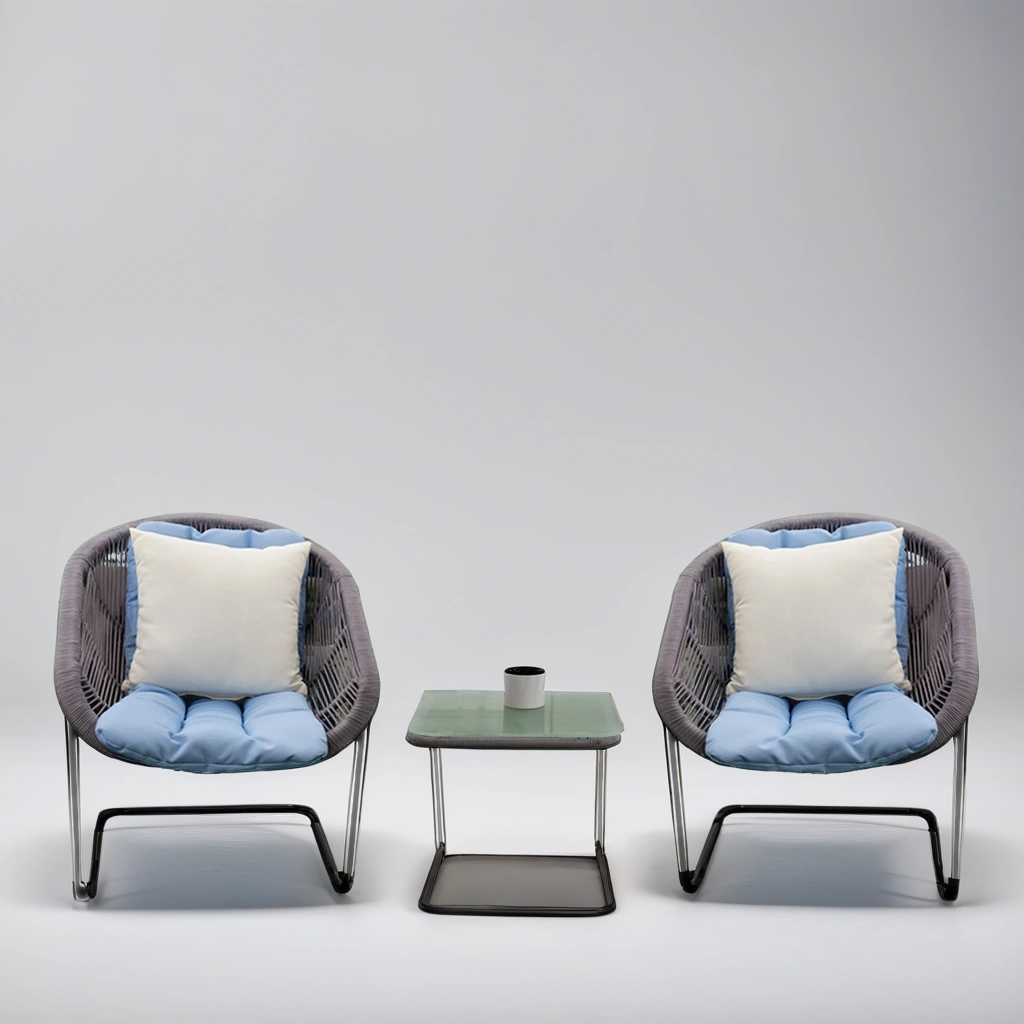 Blue Chairs & Glass-Top Table Set