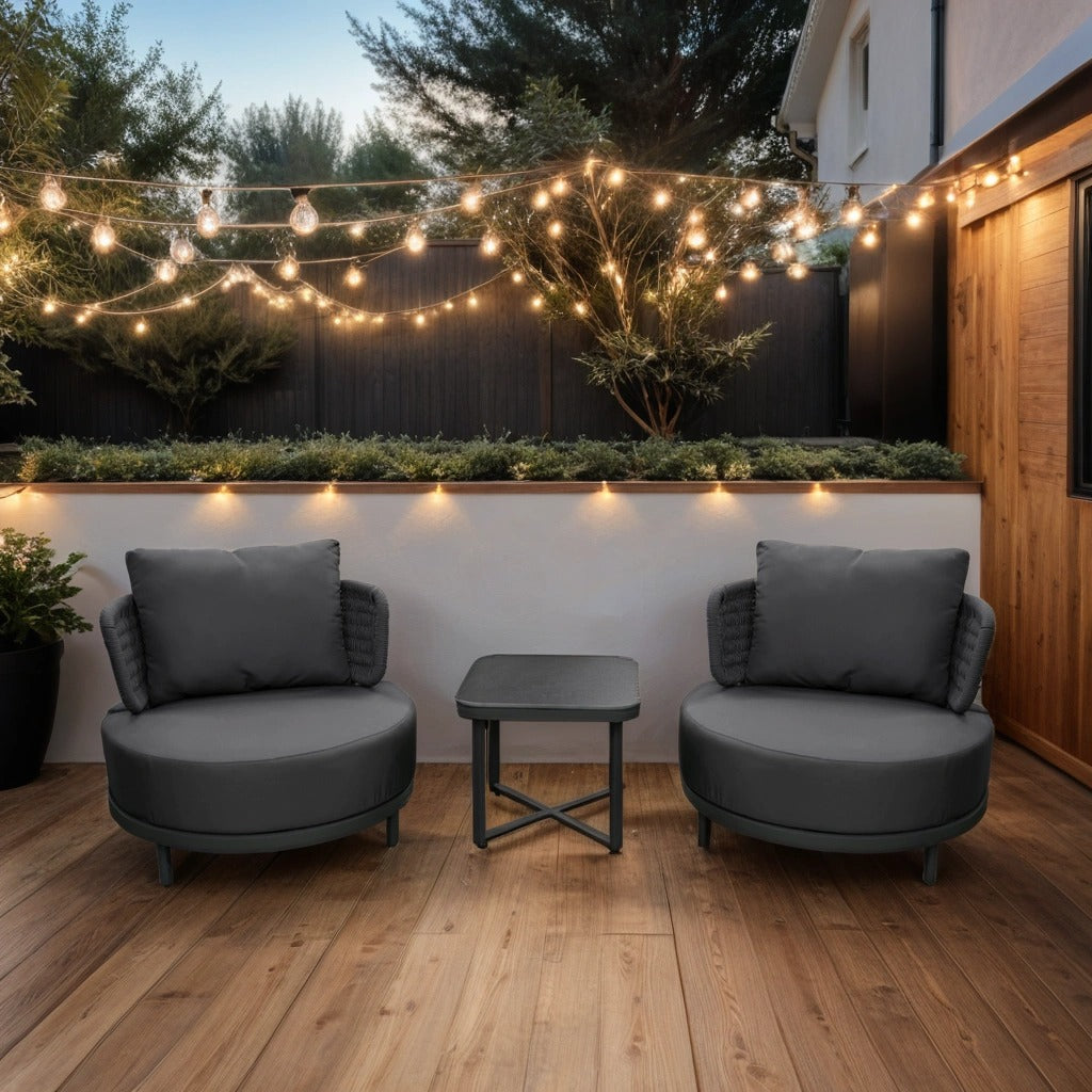 Set of Two Charcoal Black Round Armchair with Table