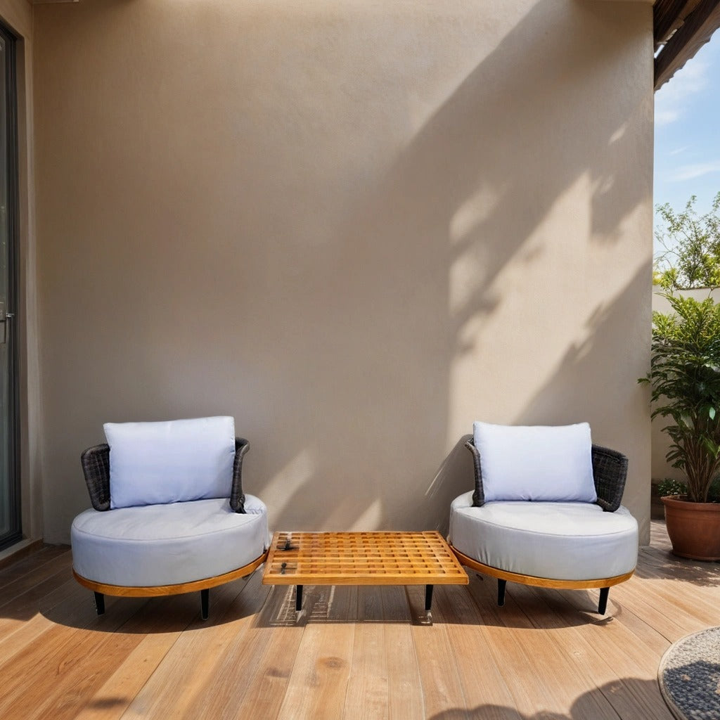 Lounge set with Two Wood armchairs and modern table