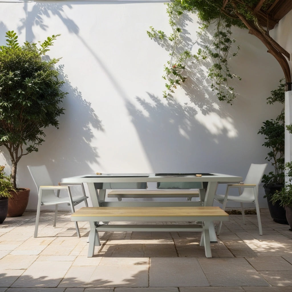 Charcoal BBQ Table crafted in aluminum with 2 long chairs and 2 chairs
