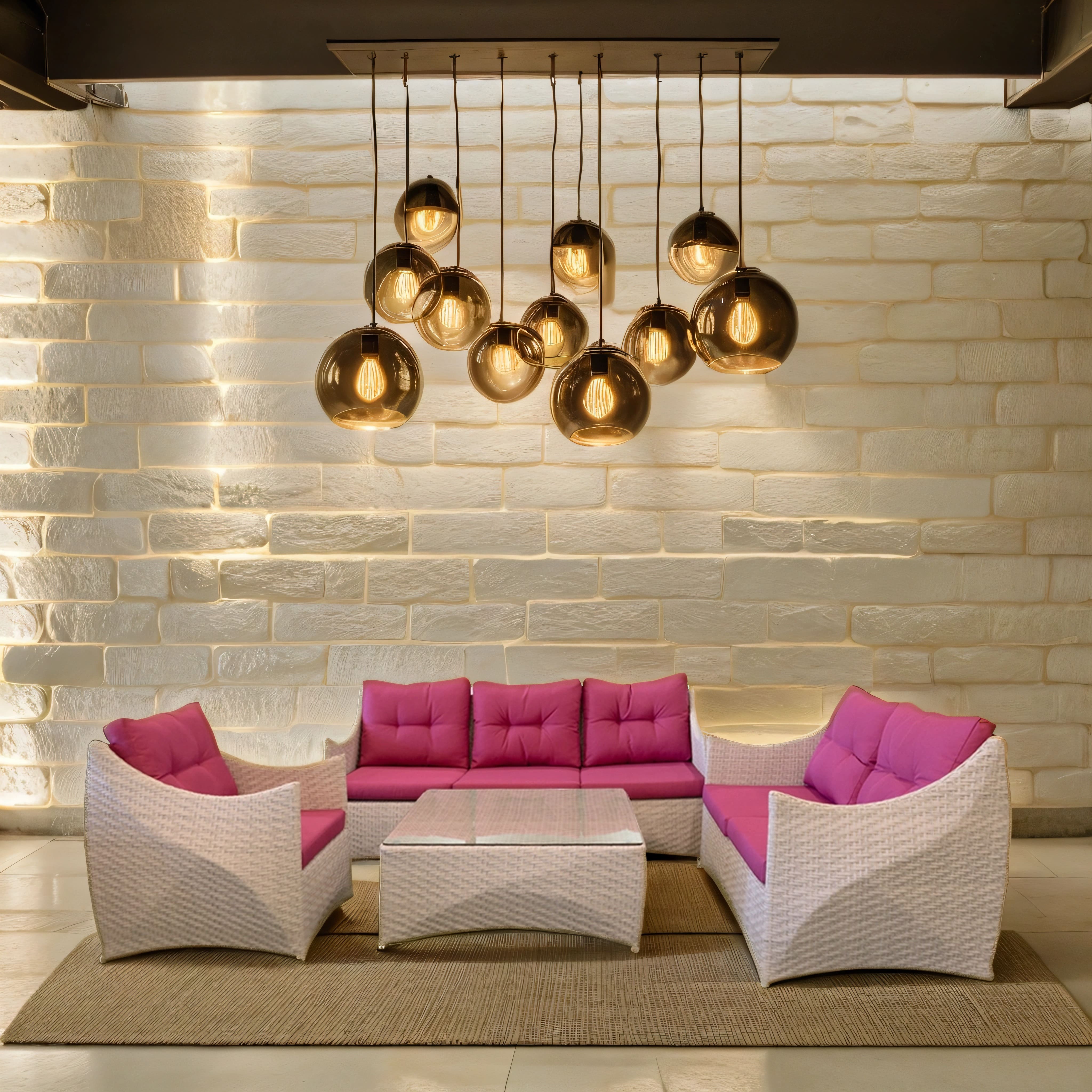 Pink and white rattan lounge set with two tables