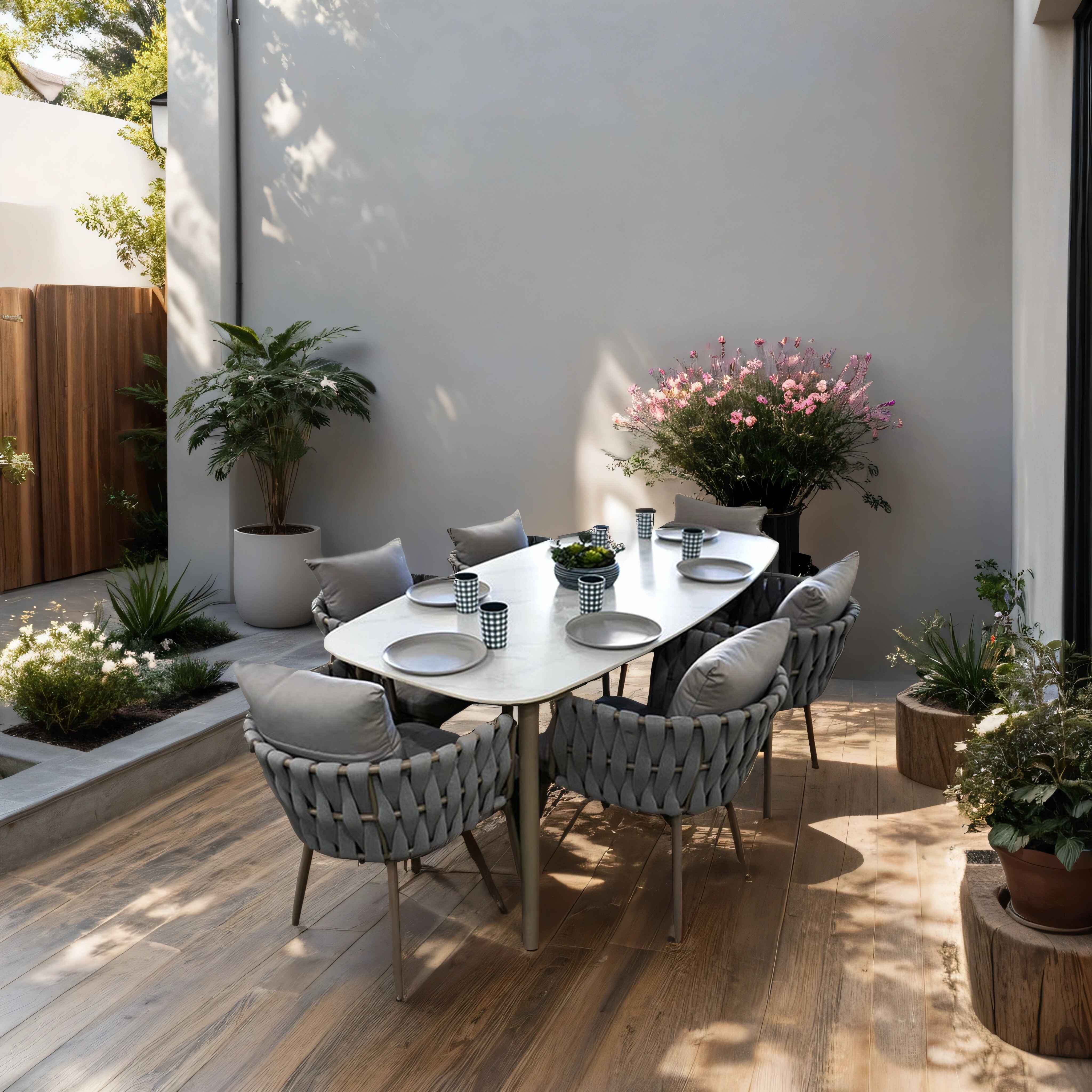 Outdoor Dining Set with Faux Marble Top & Aluminum Table and Rope Woven Chair