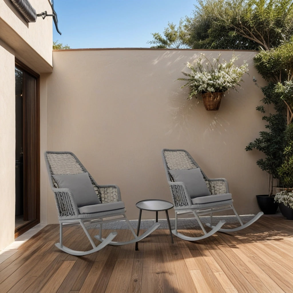 Set of Two Gray Rocking chairs with table