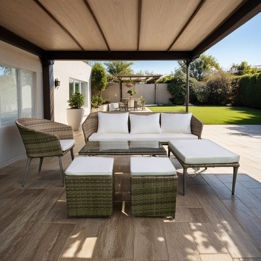 White lounge set with table and ottomans