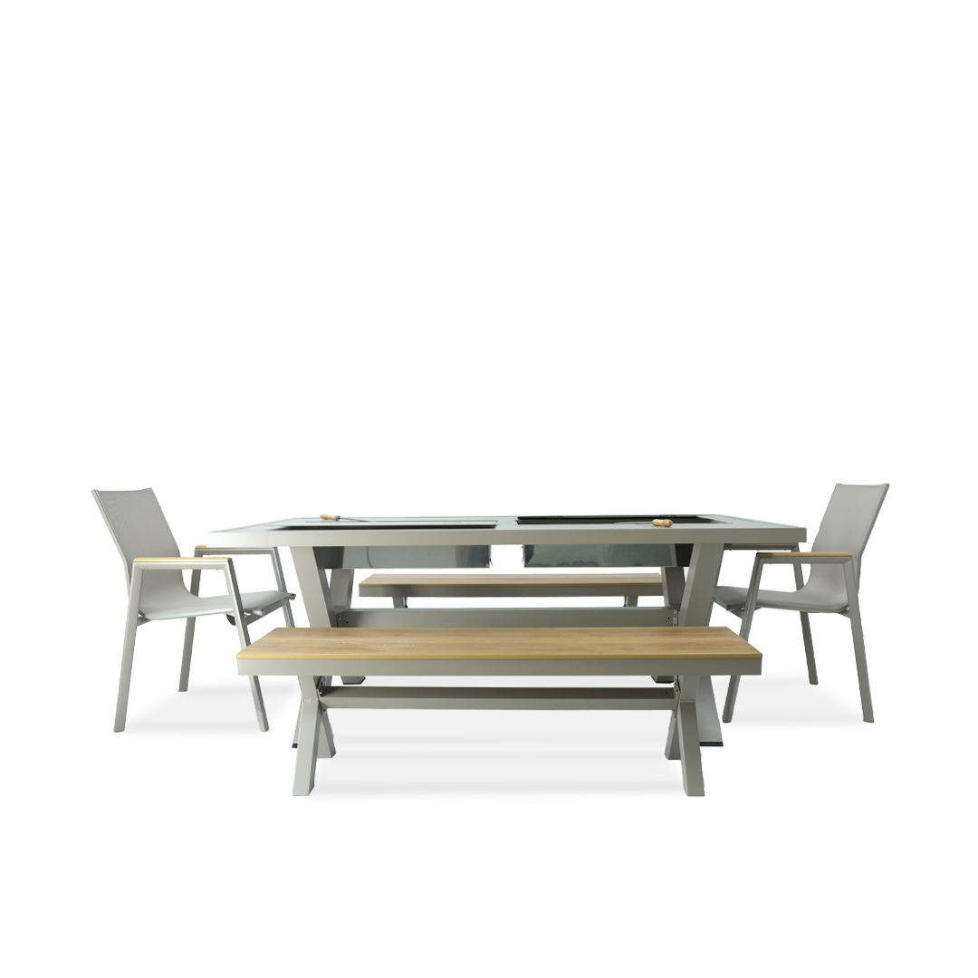 Charcoal BBQ Table crafted in aluminum with 2 long chairs and 2 chairs