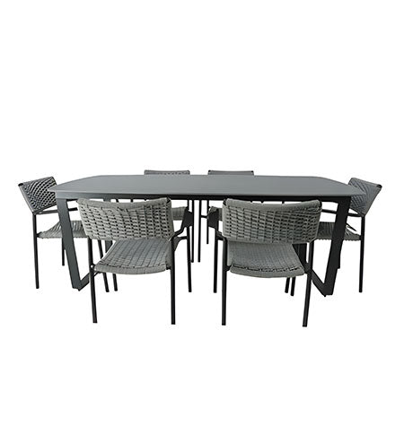 Aluminium Outdoor Gray Dining Set with Marble Top Table and Woven Armchair