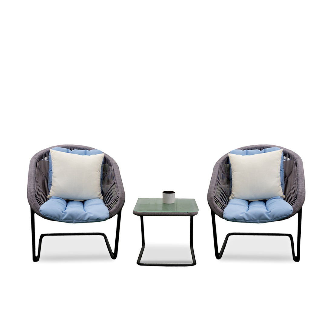 Blue Chairs & Glass-Top Table Set