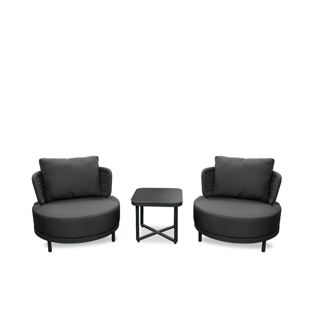 Set of Two Charcoal Black Round Armchair with Table