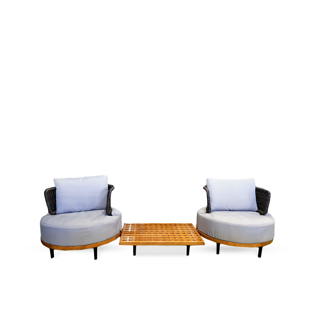 Lounge set with Two Wood armchairs and modern table