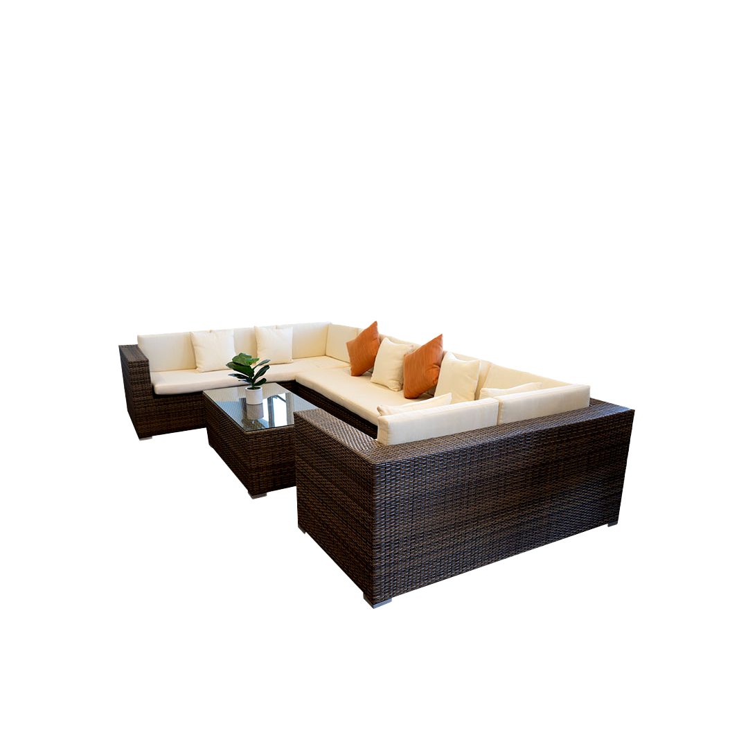 White and brown rattan sectional sofa set with table