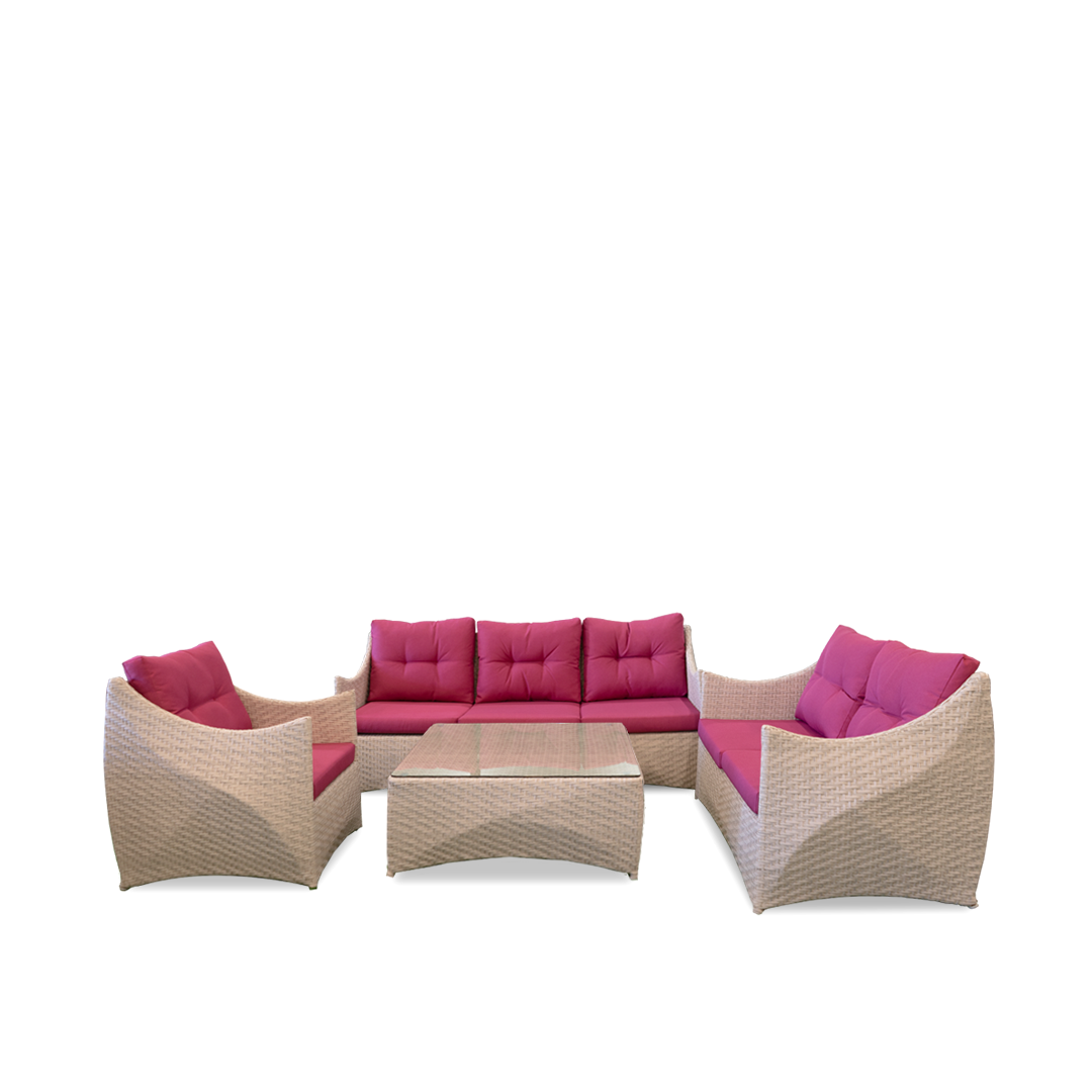 Pink and white rattan lounge set with two tables