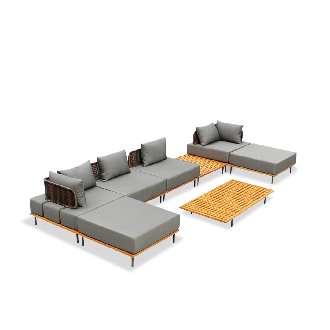 Teak & Aluminum & Rattan Outdoor Sectional Sofa Set with Coffee Table